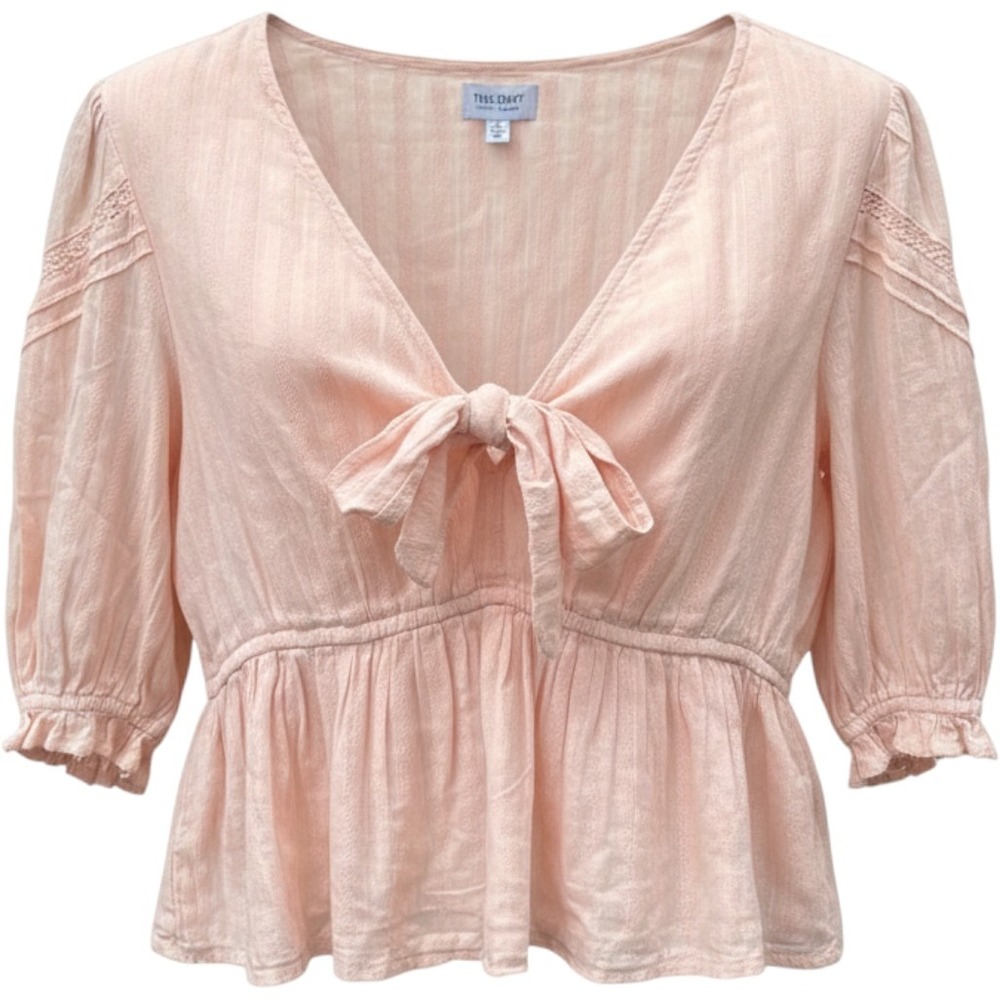 True Craft Pink Tie Front Peplum Top Cotton Eyelet Lace Puff Sleeve XL 13623SPW